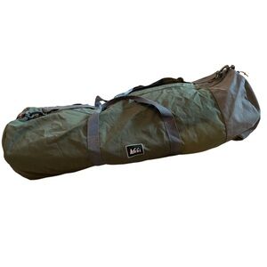 REI Dark Olive Canvas Collapsible Duffel Bag with Brown Straps